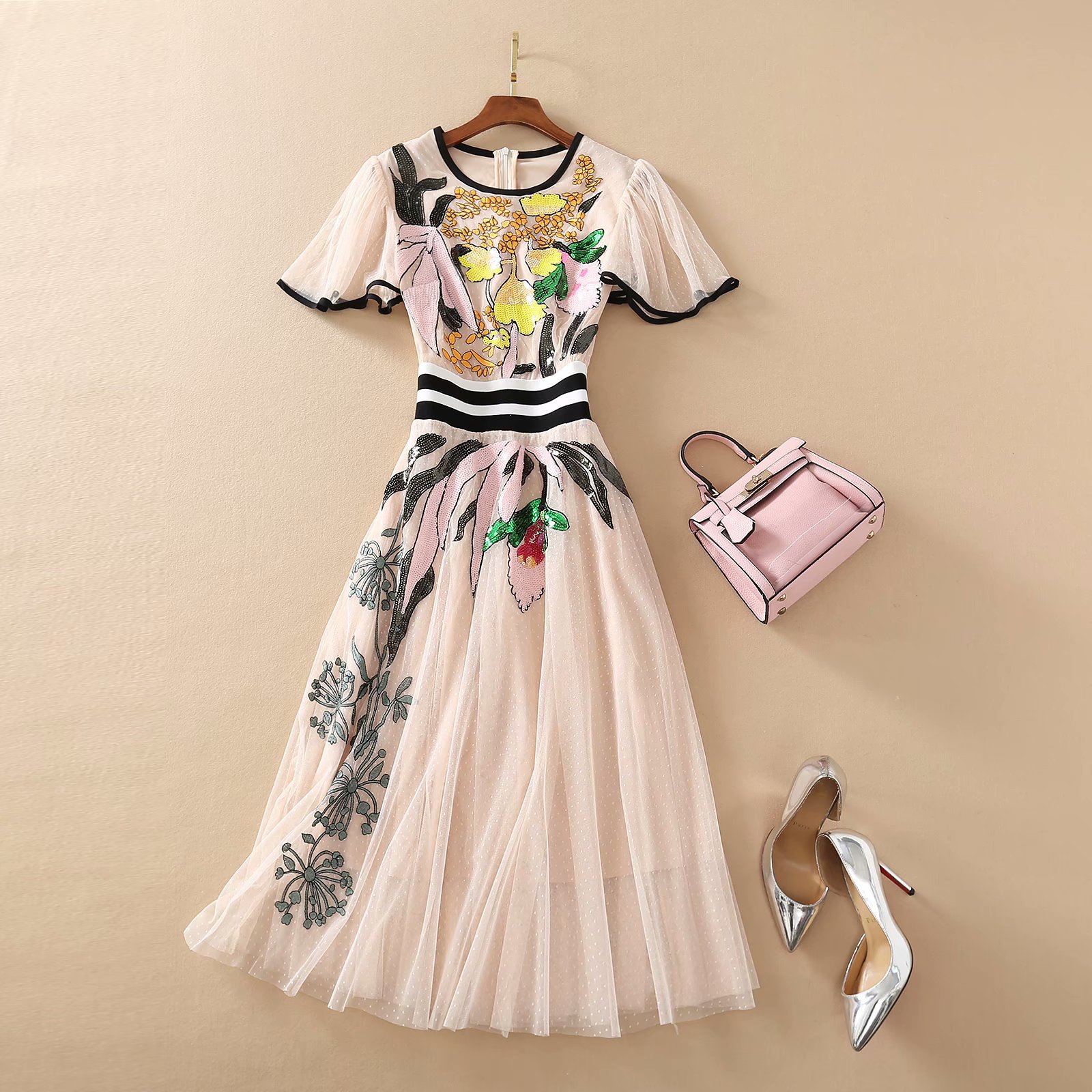 2024 Spring Summer Mesh Embroidery Sequins Women`s Dress Crew-Neck Zipper Short-Sleeve Woman`s Casual Long Dresses AS034