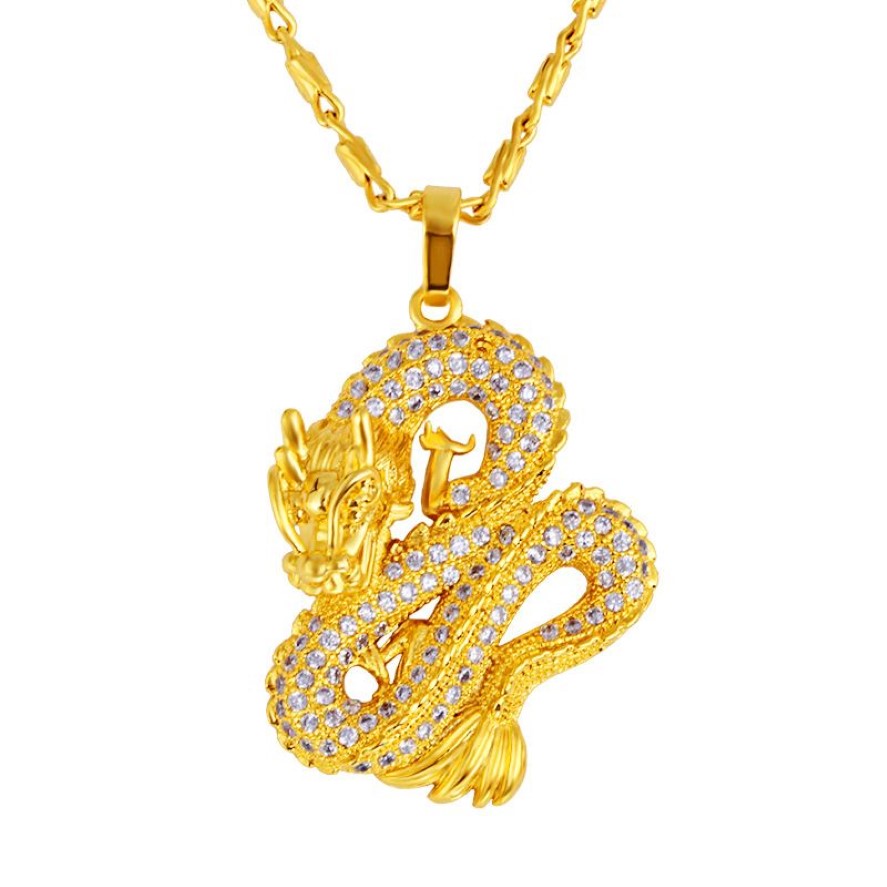 Collana con ciondolo classico da uomo con design a forma di drago scintillante, pavé di zirconi, in oro giallo, classica, regalo309f