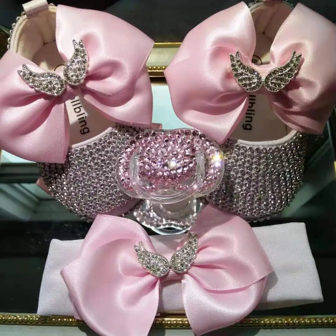 Ao ar livre dollbling rosa fita brilhante pérolas diamante sapatos da menina do bebê chupeta bandana lembrança presente de casamento recém-nascido aniversário pageant