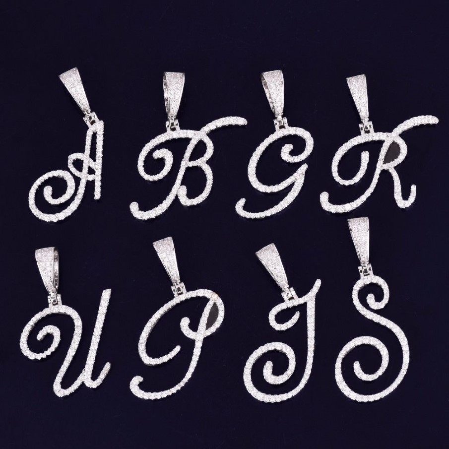 Nieuwe Iced Out A-Z Enkele Cursieve Letter Hanger Ketting Met 24 inch Touw Ketting Hip Hop Jewelry246a