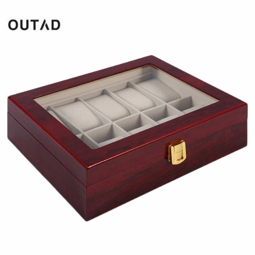 10 rutnät Retro Red trätur Displayfodral Hållbar förpackning Holder Jewelry Collection Lagring Watch Organizer Box Casket T20052226G