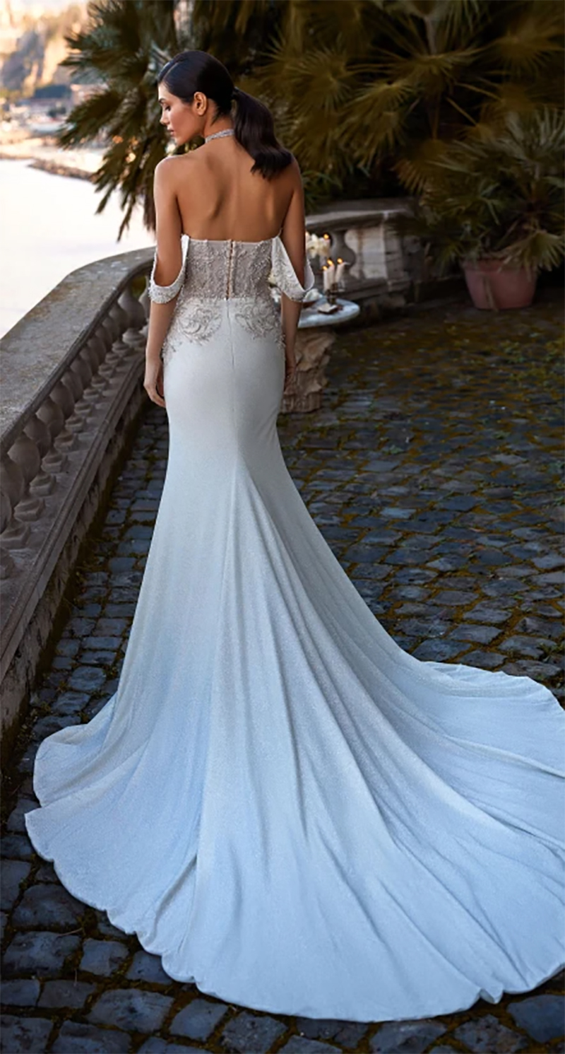 Eleganckie sukienki ślubne syreny kochanie z ramion Pearls bez rękawów Backless Sweep Train Niestandardowy Plus Rozmiar seksowna suknia ślubna Vestidos de novia