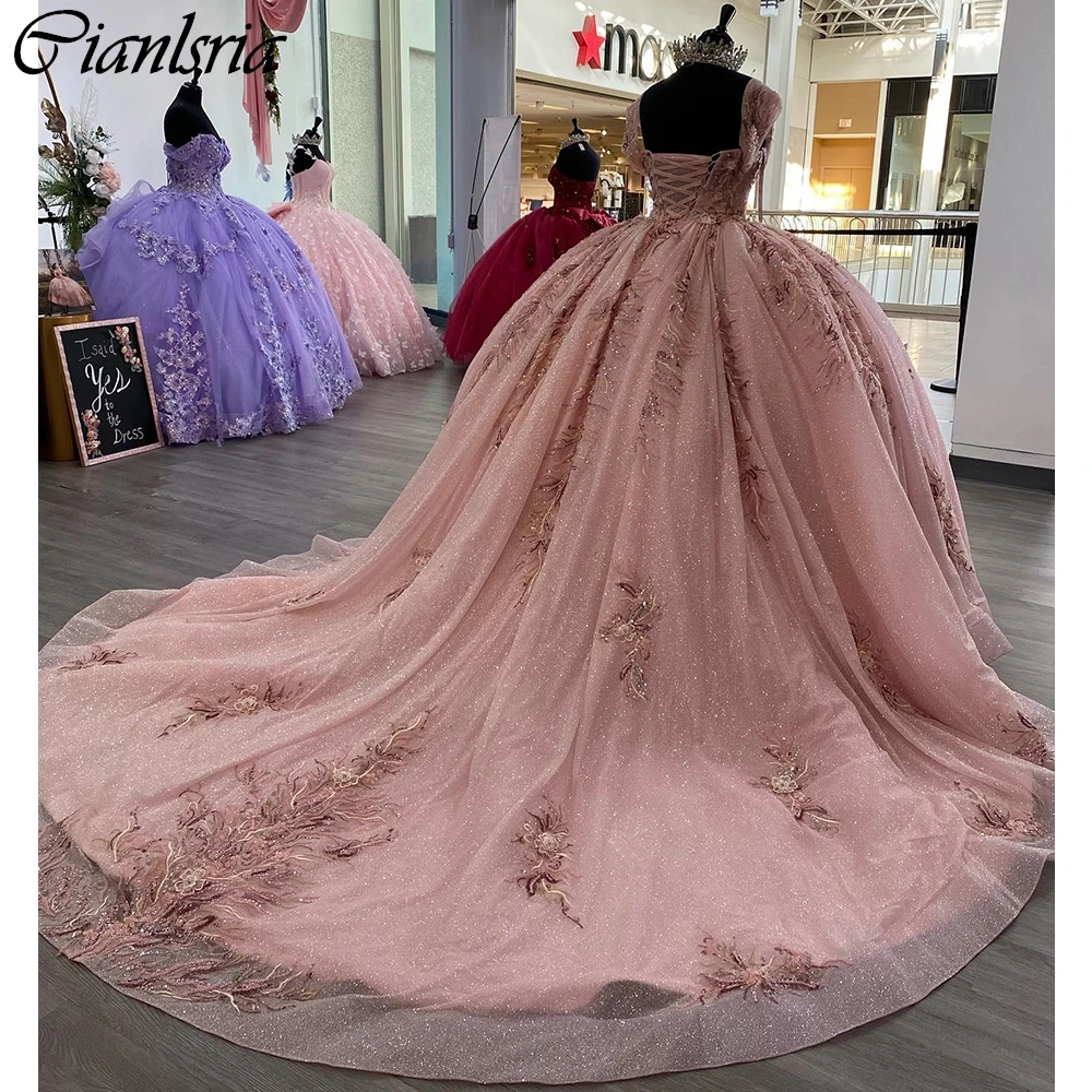 Perles roses perles plis Quinceanera robes robe De bal hors De l'épaule Appliques dentelle Corset robes De 15 Anos