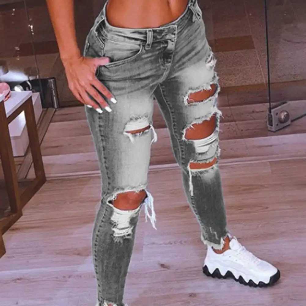 Damesjeans Jeans met gescheurde gaten Kokerbroek Mode Damesjeans Lage taille Heuplift Gescheurde gaten Skinny denim Potloodbroek Broeken voor werk