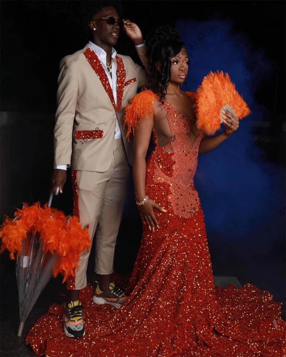 Elegant 2024 Orange Sequined Mermaid Prom Dresses With Crystal Beading Feathers Shoulder Brithday Part y Gowns For Black Girl