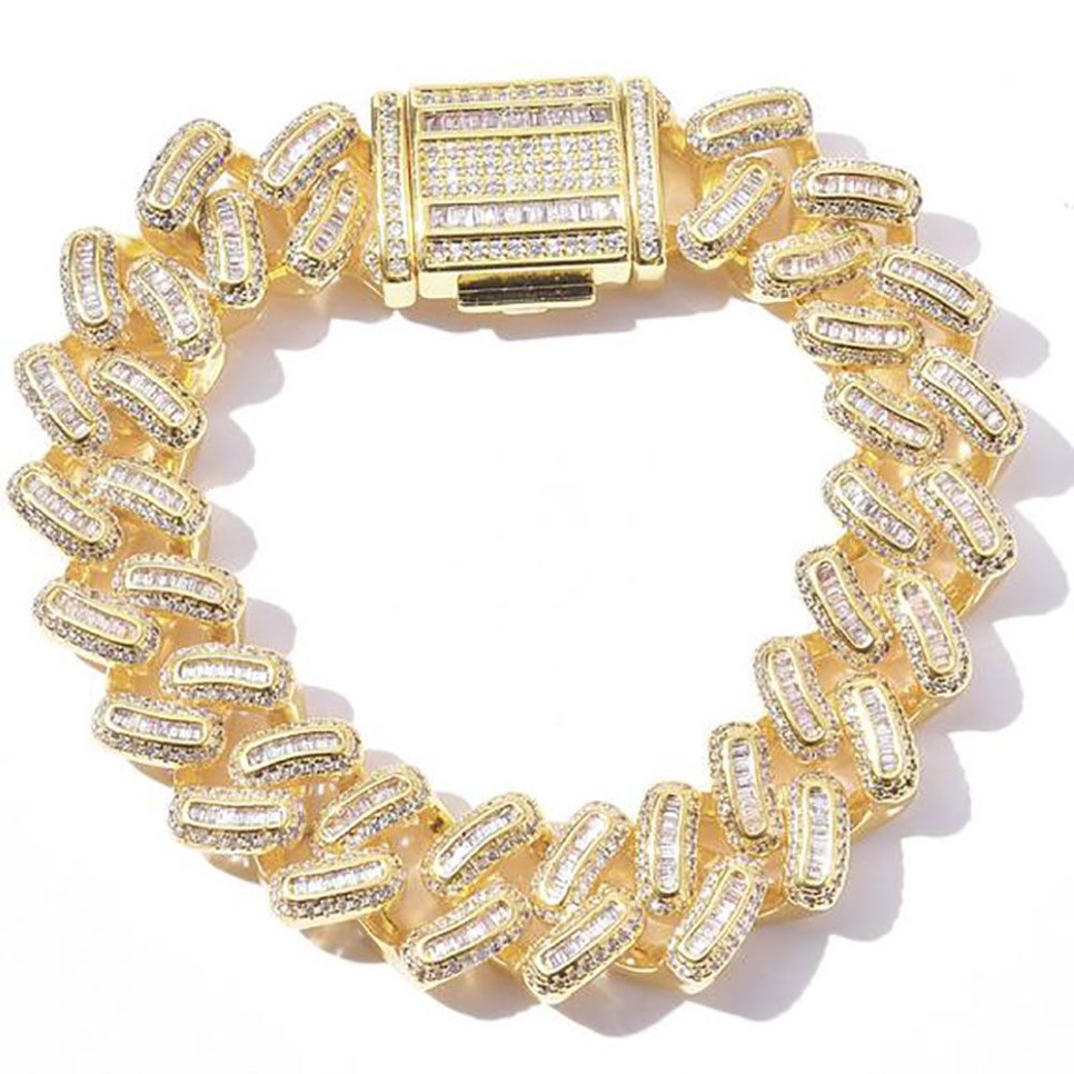Mens Iced Miami Cuban Link Armband 14K Gold Plated Solid Diamonds 15mm Cz Armband Cubic Zirconia Jewelry304F