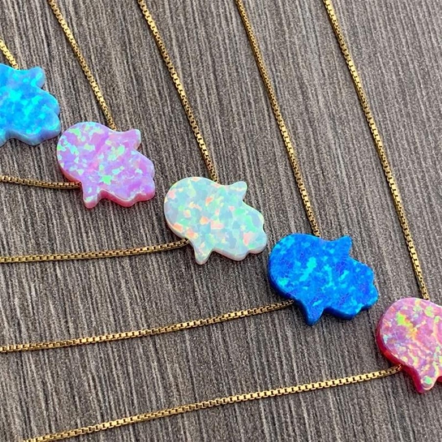 Dainty Women Gold Color Chain och Simple Rainbow Opal Hamsa Pendant Halsband Lycka till gåvor för vän286C