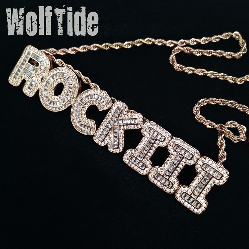 Hip hop baguette letras iniciais nome personalizado pingente colar 4mm corrente de tênis pingentes colares masculino cz zircão cúbico rock jóias256k