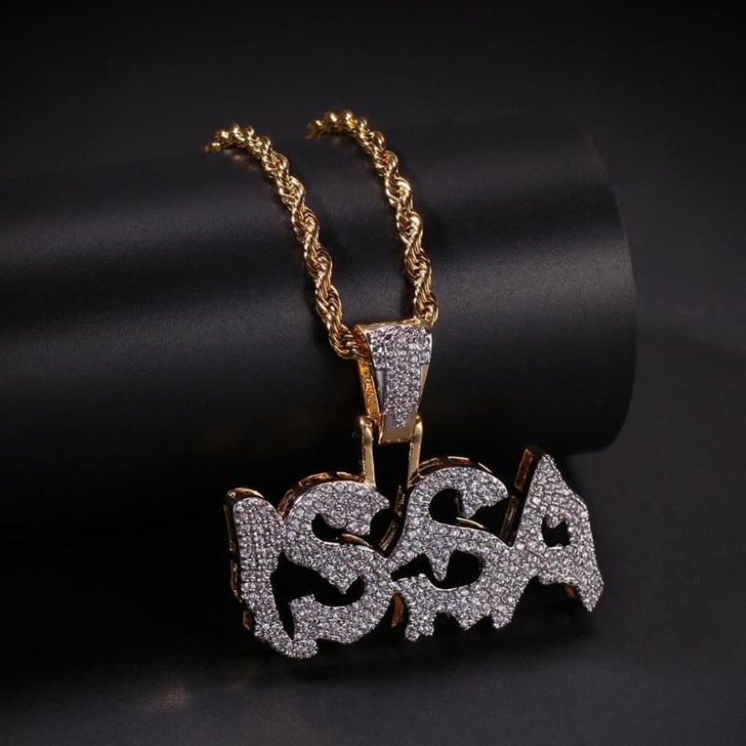 Hip Hop Micro Pave Green Cubic Zirconia Bling Out Issa Letter Pendants Necklace For Men Rapper Jewelry Gold Color298w