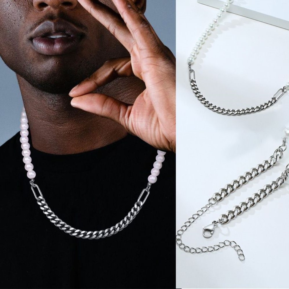 Hiphop Połowa 7 mm Miami Cuban Link łańcuch i połowa 8 mm pereł naszyjnik Choker dla mężczyzn i kobiet w biżuterii ze stali nierdzewnej 0115296X