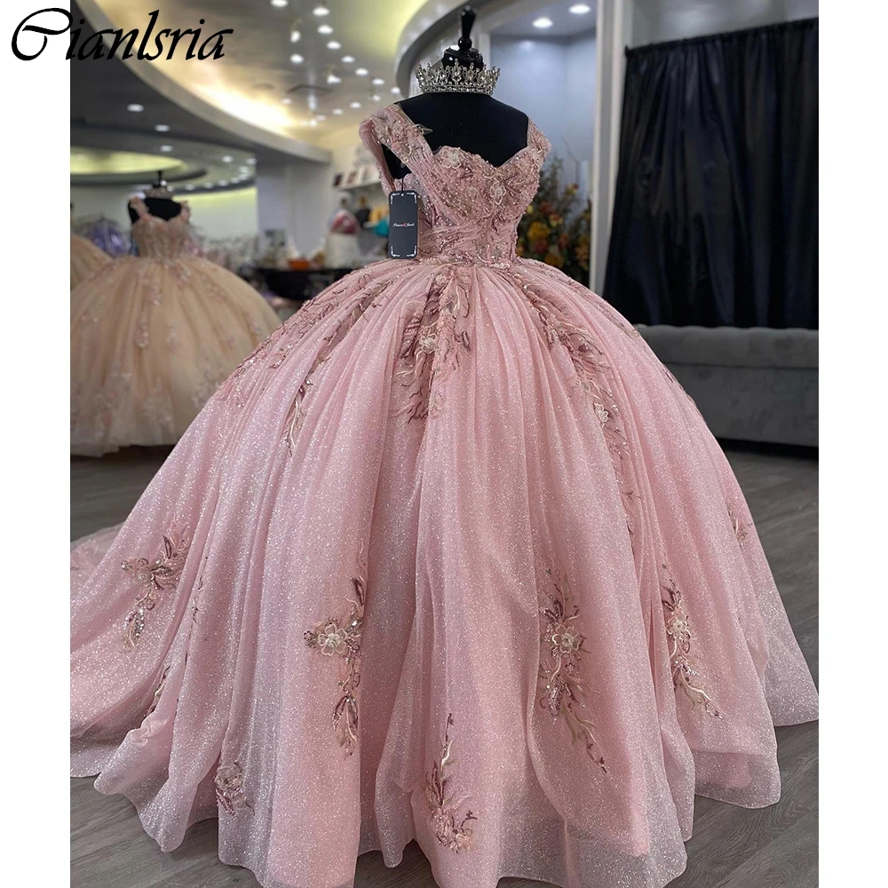 Perles roses perles plis Quinceanera robes robe De bal hors De l'épaule Appliques dentelle Corset robes De 15 Anos