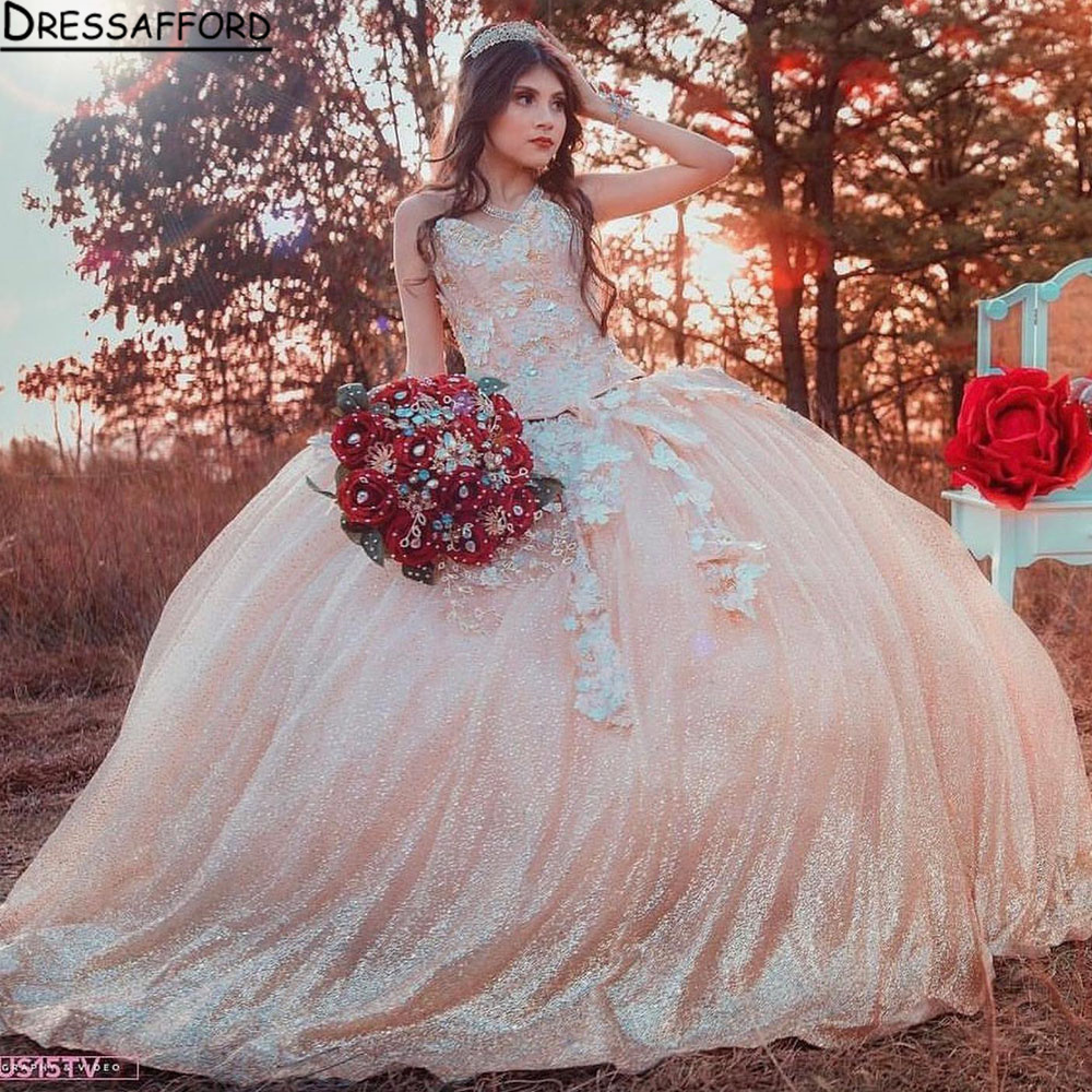 ローズゴールドスパンコールQuinceanera Dresses Aptique恋人ネックラインプロムボールガウンカスタムメイドのフリル