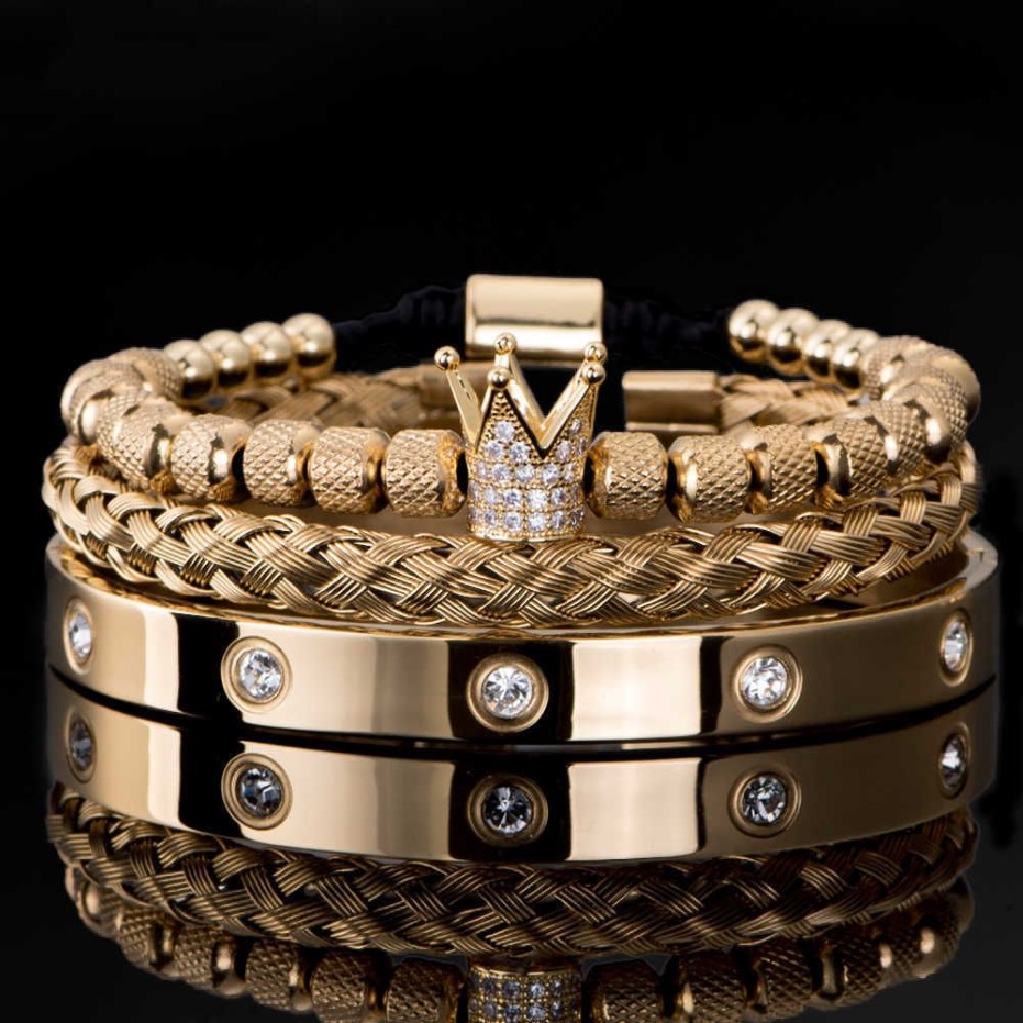 3 pçs / set luxo micro pave cz coroa romana real charme homens pulseiras de aço inoxidável cristais pulseiras casal artesanal jóias gift218d