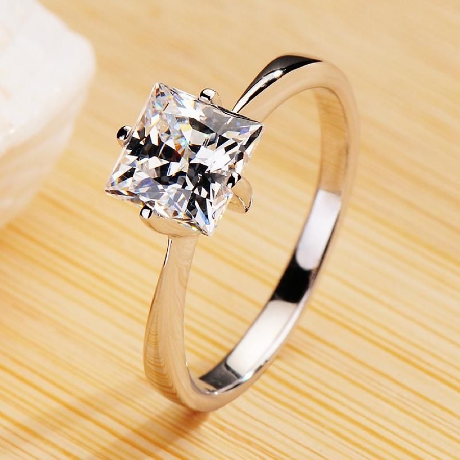 Anéis de Cluster Vintage Promessa Amor Anel de Noivado Luxo Feminino Pequeno Quadrado Pedra 100% Real 925 Sterling Silver Wedding para Wome196l