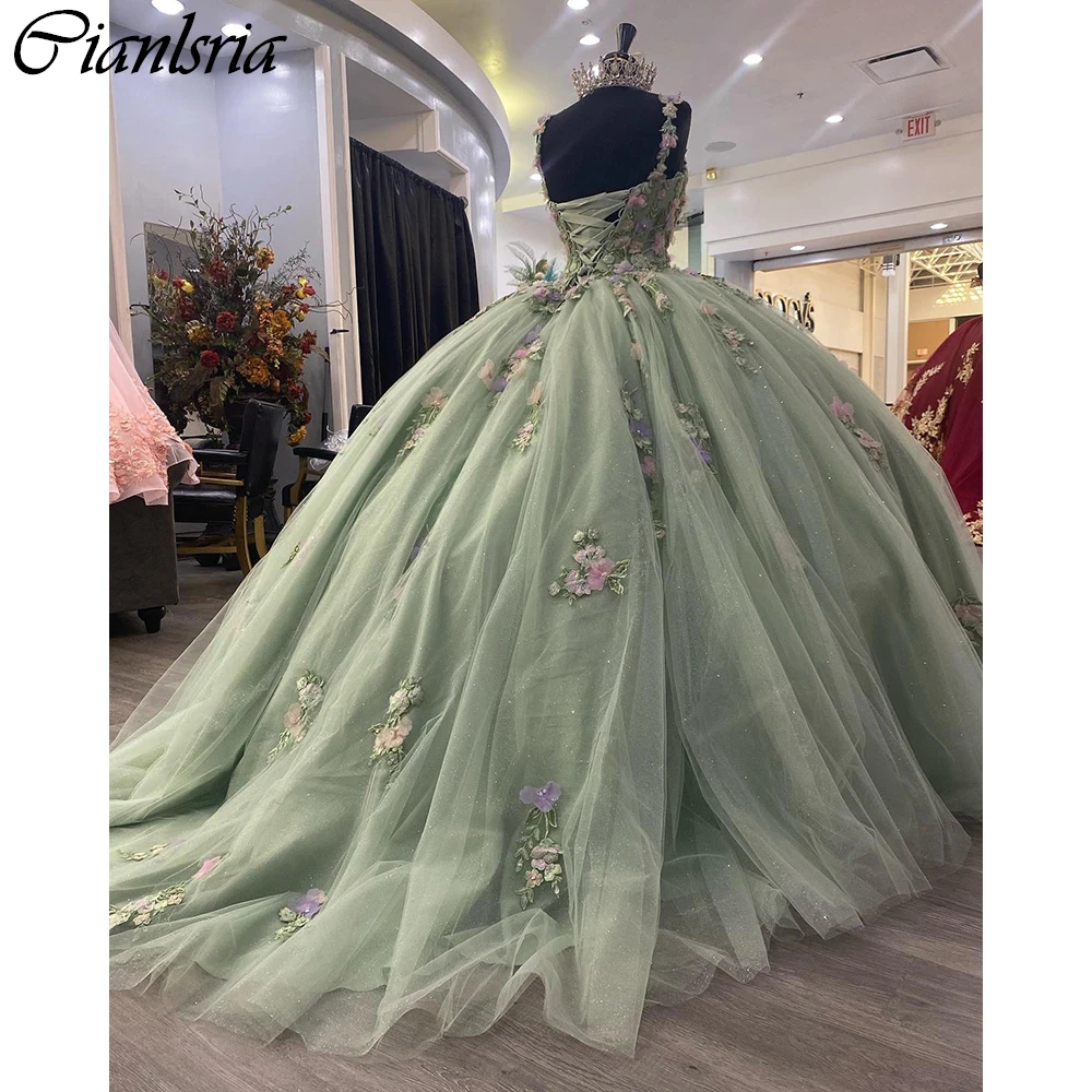 Mędrca zielony kolorowe kwiaty 3D suknia balowa sukienki Quinceanera Sukiety spaghetti Kwiki Koronkowe gorset vestidos de 15 anos