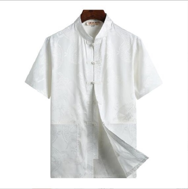 Hot Sale New Chinese Style Men High Quality Satin Short Sleeved Shirt Embroidered Dragon Tang Clothing Casual Kung Fu Tops Shirts