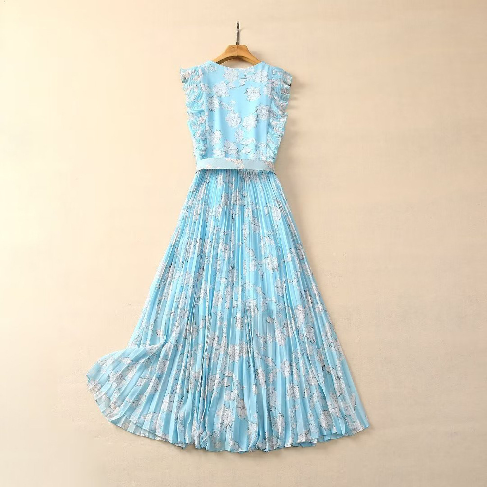 2024 Summer Chiffon Floral Print Women's Dress Crew-Neck dragkedja ärmlös Kvinnas avslappnade långa klänningar AS044