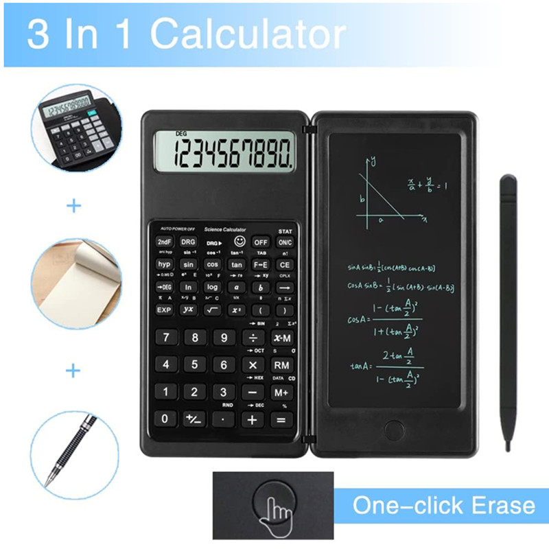 Calculadoras científicas multifuncionais dobráveis, tela grande de 10 dígitos com bloco de notas, tablet de escrita apagável, bloco de desenho digital, cálculo matemático