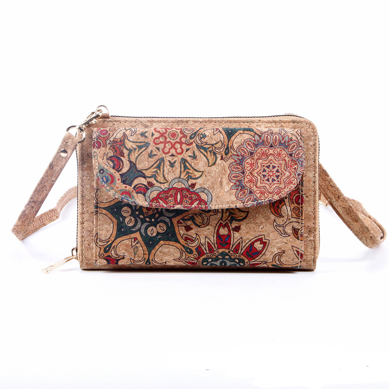 Wallets Women Cork Leather Butterfly Geometry Printing Cross Phone Flap Cover Long Phone Bag Mix Color