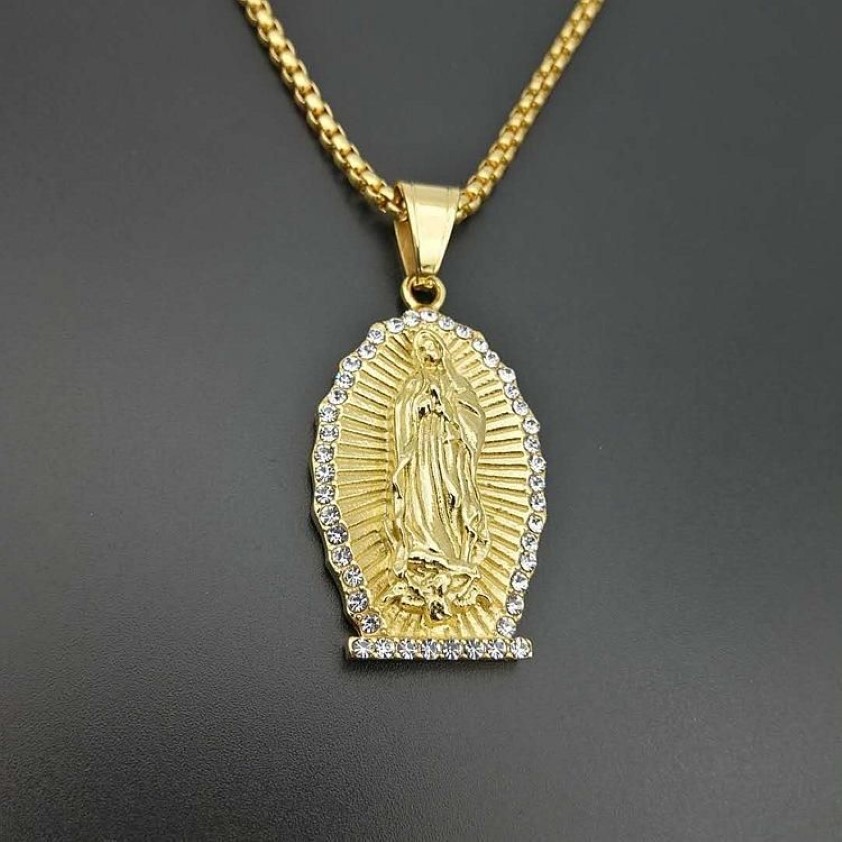 Hanger Kettingen Rvs Maagd Maria Ketting Voor Mannen Hip Hop Rapper Sieraden Met 60 Cm Goud Kleur Link Chain224I