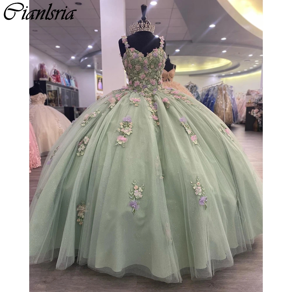 Vestido De fiesta De flores 3D colorido verde salvia, Vestidos De quinceañera con tirantes finos, apliques florales, corsé De encaje, Vestidos De 15 anos