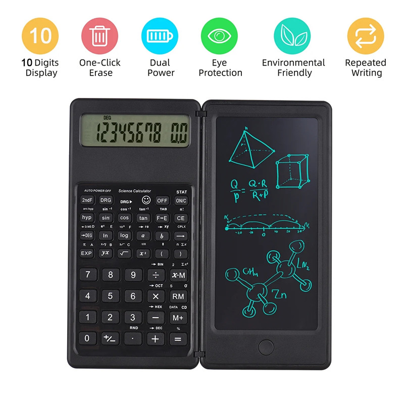 Faltbarer multifunktionaler wissenschaftlicher Taschenrechner, 10-stelliges großes Display mit Notizblock, löschbares Schreibtablett, digitaler Zeichenblock, Mathe-Rechner