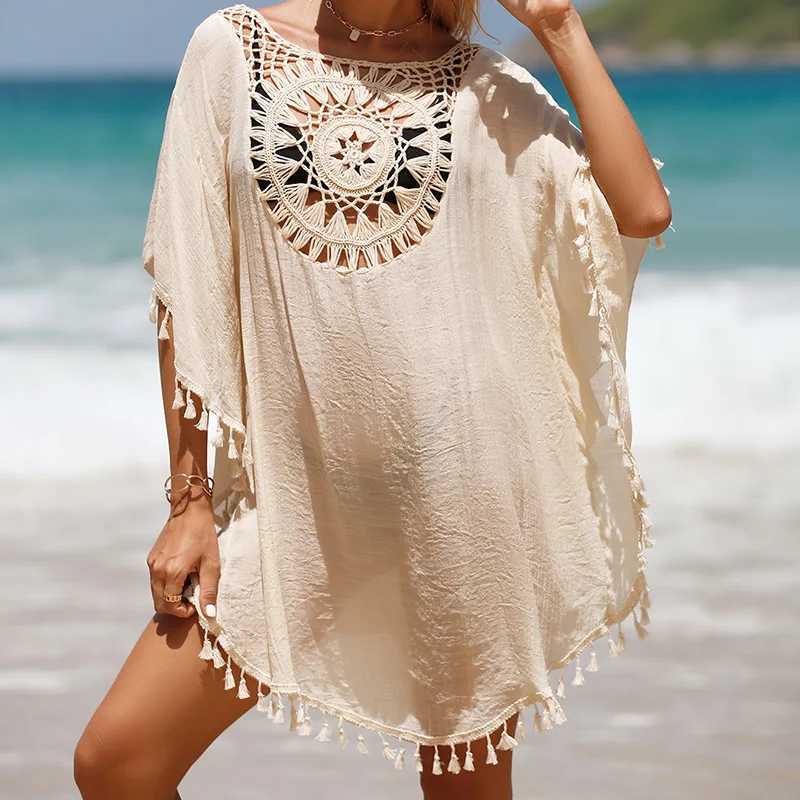 Swim Wear New Beach Cover Up For Women Sticked Sunflower Beach Wear Solid Fringe Tunic Ladies White Bathing Suit Cover-Ups Bikini Ups 240229