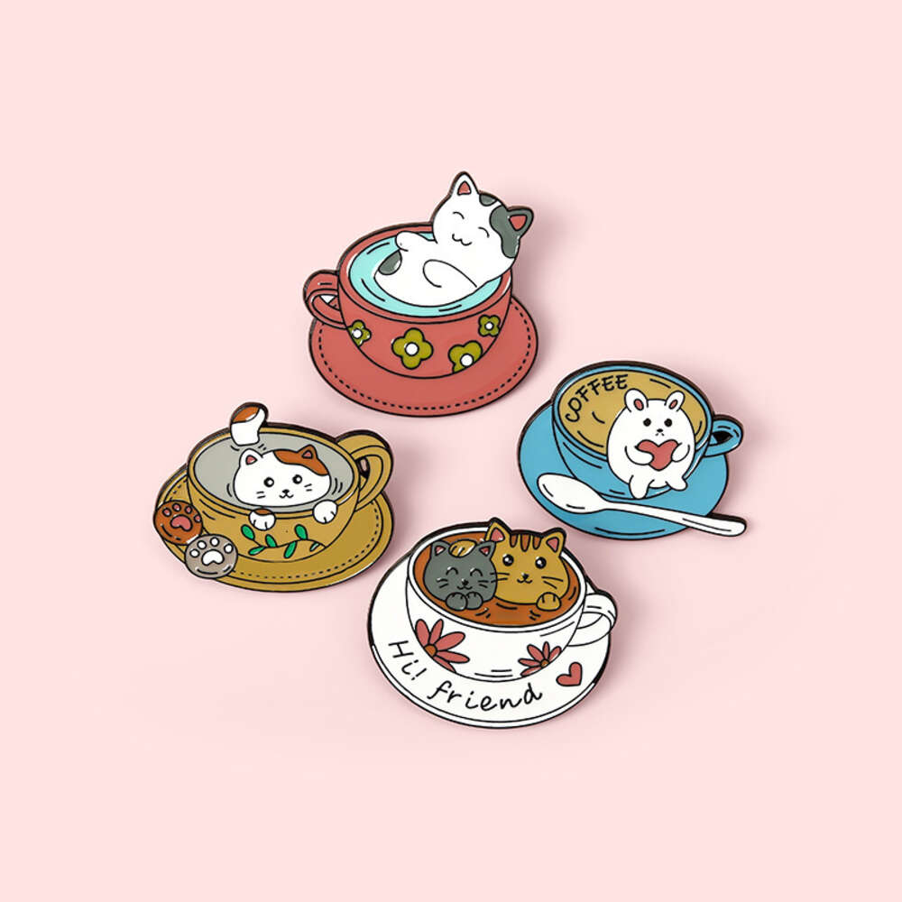 Creative Cartoon New Cute Coffee Cup Alloy Brooch, Cat Soaking Bath Accessory, Brooch Badge