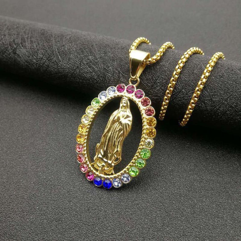 Aço inoxidável arco-íris strass virgem maria mama pingente colar religioso maria cristo virgem colares presente para him1272e