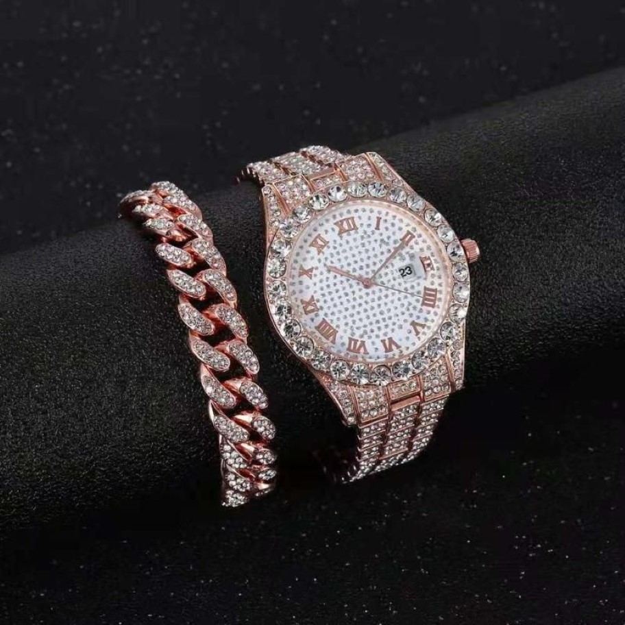 Wristwatches Iced Out Bracelet Watches For Men Full Watch Quartz Wristwatch Hip Hop Gold Diamond Mens Set Reloj DropWristwatches T254f