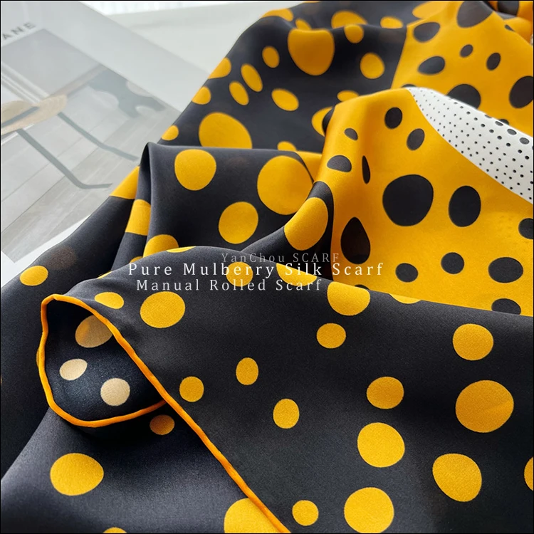 Spot Pumpkin print 110x110 Orange Mulberry Silk Scarf Rolled Scarfs Foulards Vintage Square Neck bandanas 110cm