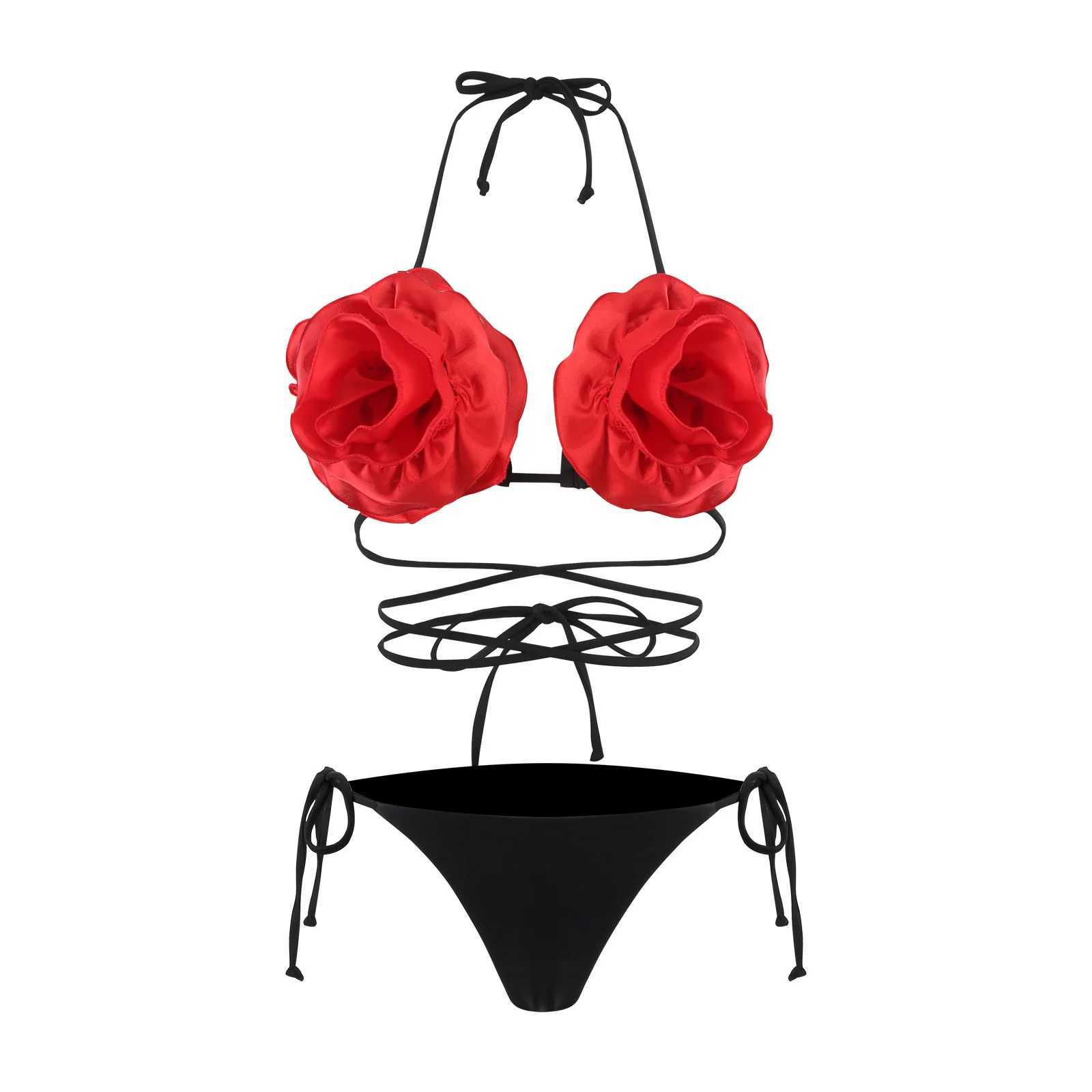 Swim wear sexy flor 3D micro mini biquinis define triângulo duas peças acolchoadas tanga swimwear feminino maiô biquini 240229