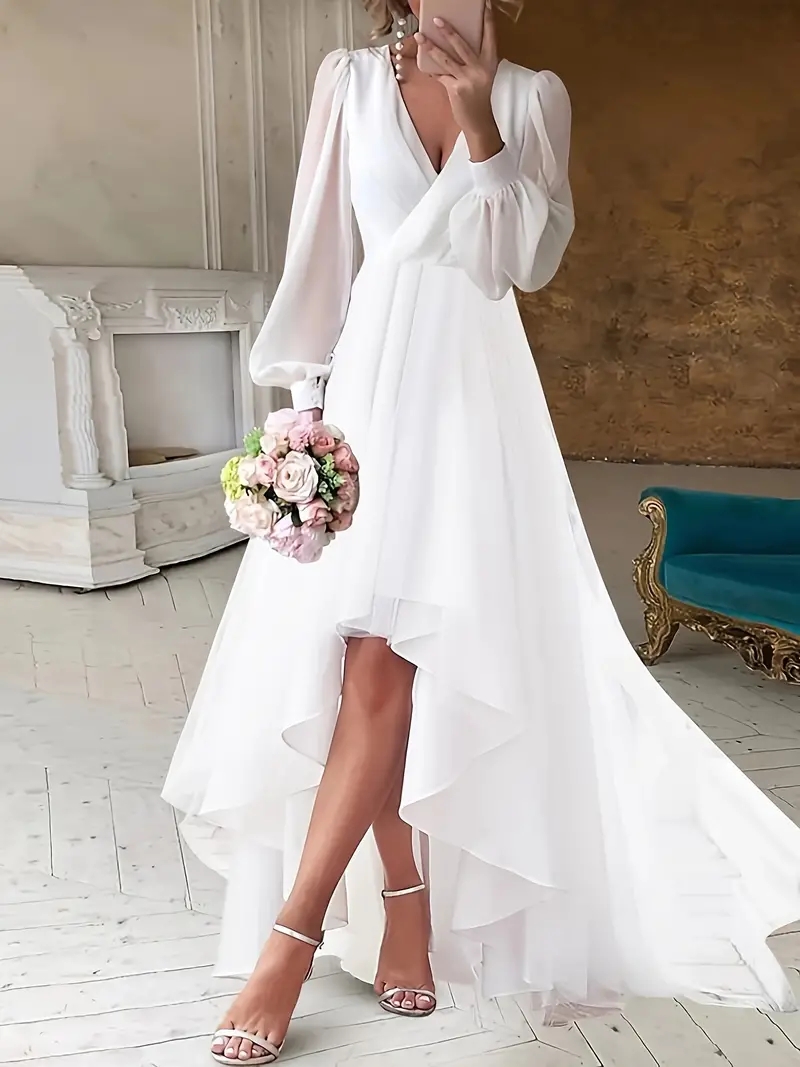 Hi-lo V Neck Chiffon A Line Wedding Dresses With Long Sleeves Boho Garden Beach Short Bridal Gowns Zipper Beack Simple White Bride Reception Dance Party Dress CL3450