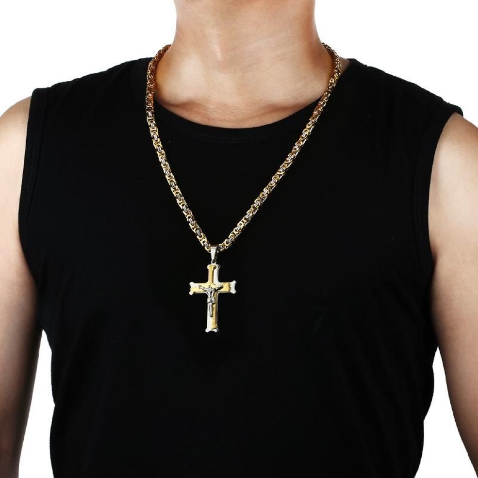 Pendant Necklaces Gold Color Fish Bone Pattern Cross Necklace Men Stainless Steel Crucifix Jesus Link Chain Catholic Jewelry GiftP201K