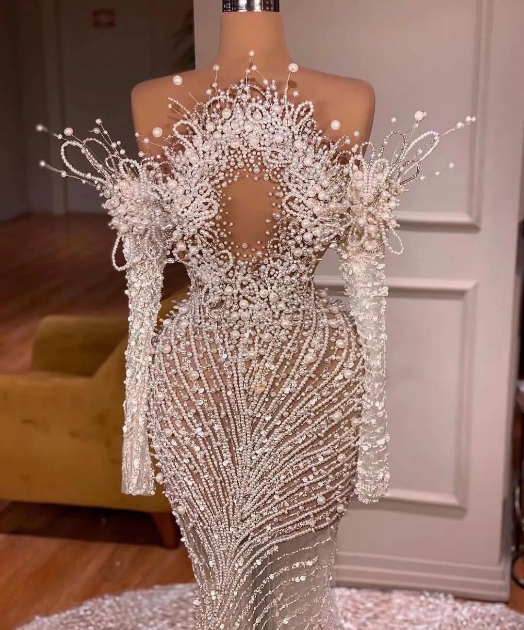 Sexy See Through Pearls Beaded Mermaid Wedding Dress Sequins Bridal Gowns Illusion Bride Dresses Custom Made Vestido de novia
