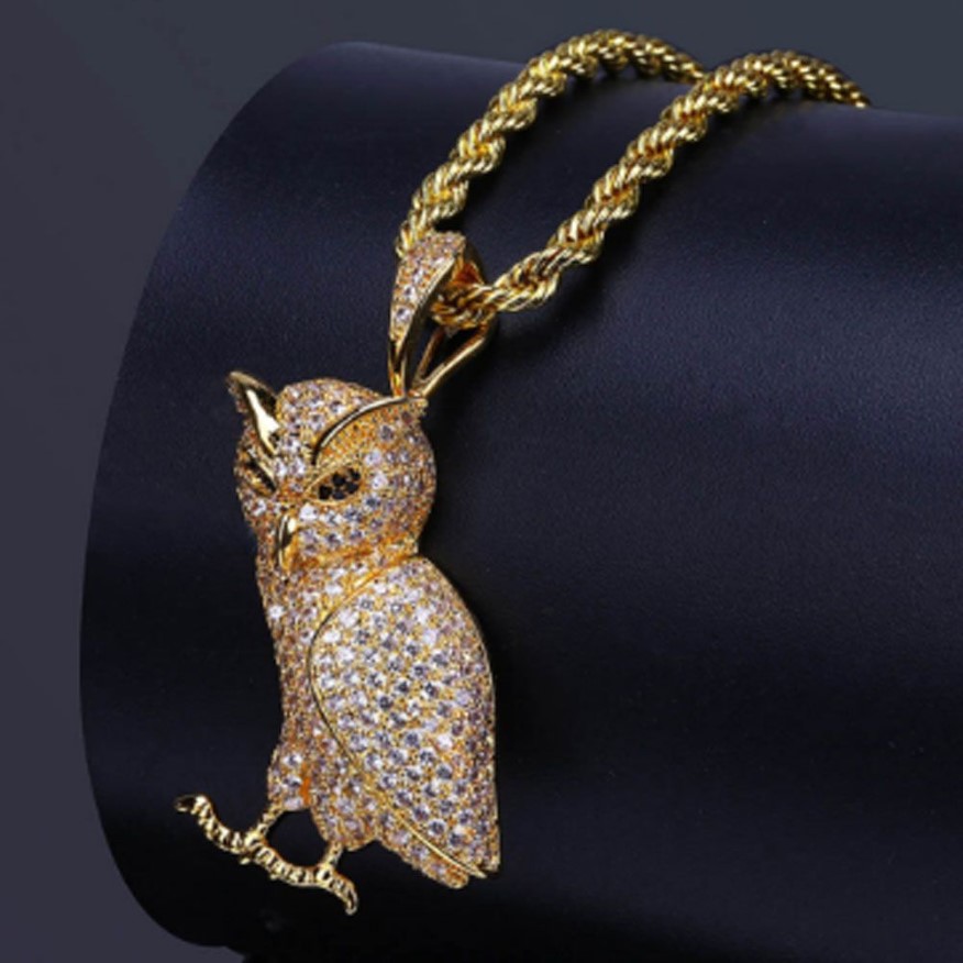Collier pendentif hibou animal en acier inoxydable glacé de luxe avec chaîne de corde de 60 cm Micro pavé de zircone cubique diamants simulés Pend229w