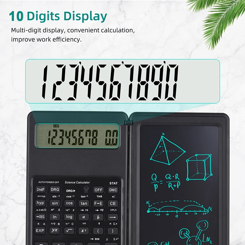 Faltbarer multifunktionaler wissenschaftlicher Taschenrechner, 10-stelliges großes Display mit Notizblock, löschbares Schreibtablett, digitaler Zeichenblock, Mathe-Rechner