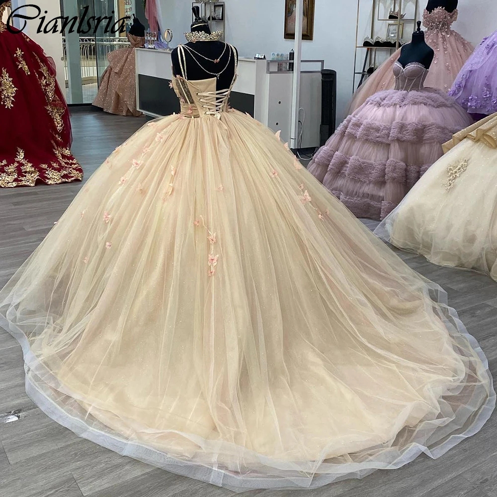 Iluzja Rose Gold Illusion Kryształowe sukienki Quinceanera suknia balowa 3D Butterfly Plat Corset Vestidos de 15 anos