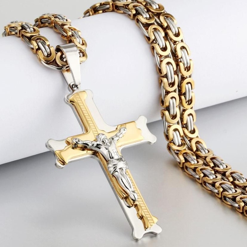 Pendant Necklaces Gold Color Fish Bone Pattern Cross Necklace Men Stainless Steel Crucifix Jesus Link Chain Catholic Jewelry GiftP201K