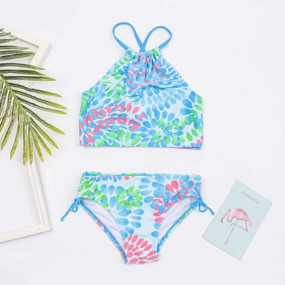 Simkläder 2023 Flower Print Girls Kids Swimewear Swimsuit Summer Children Teen Studenter Biquini Infantil Kids Girls Bikini Set Baddräkt 240229