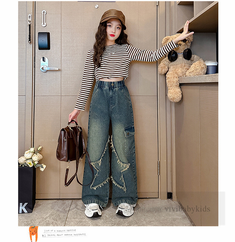 Mode Große Mädchen Loch Jeans Alte Kinder PU Leder Gürtel Breite bein Denim 2024 Frühling Teenager Gerade Cowboys Hosen z6903