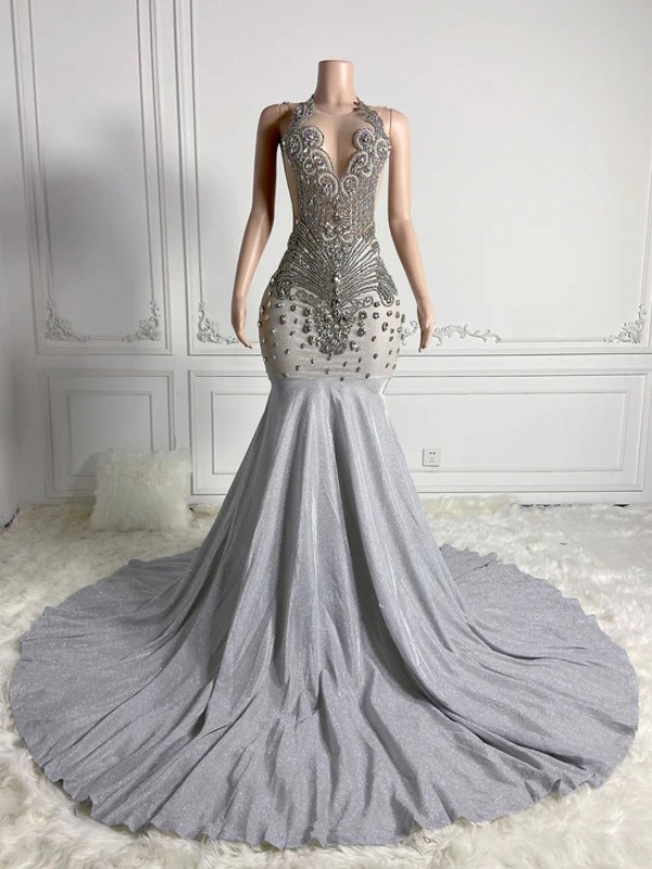 Luksusowe błyszczące kryształy koraliki kulkowe sukienki wieczorne Strażne O-Neck Sexy Backless Rhinestones Specjalne okazja Suknie imprezowe Długie syrena Kobiety Formalna sukienka Cl3339