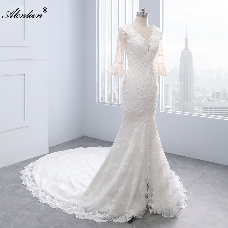 Alonlivn Chic Style V-Neck Mermaid Wedding Dress withアップリケレースコートトレインハーフスリーブトランペットブライダルガウン