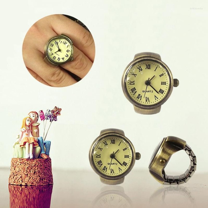 Кольца кластера Пара Винтажные часы-кольца Стрейч-кварцевые бронзовые часы на палец с римскими цифрами Ювелирные изделия Часы унисекс Подарки для влюбленных Wh240G