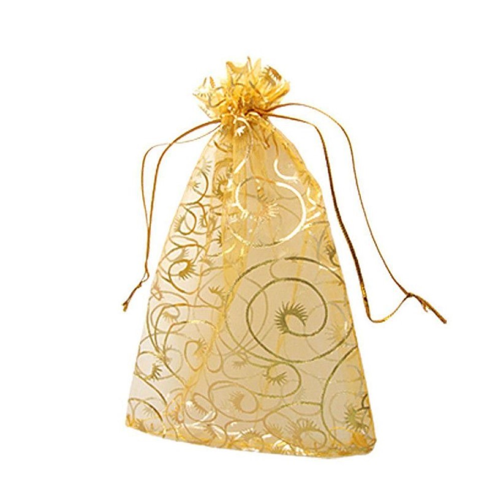 100 PZ / lotto ORO CHAMPANE CIGLIA Organza Bomboniera Borse con coulisse 4 MISURE Sacchetti imballaggio di gioielli da sposa Sacchetti regalo piacevoli FACTORY221l