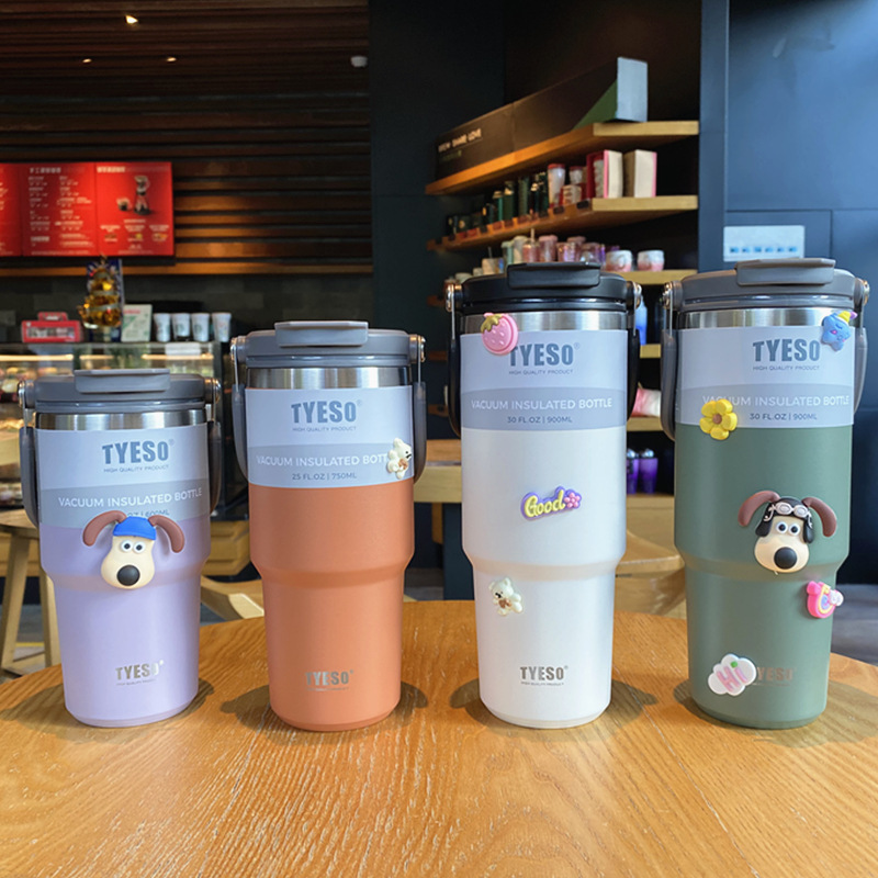 TYESO neue Kaffeetasse, doppelte Isolierung, kalt, tragbar, Eisbarrenbecher, große Kapazität, Edelstahl, Doppelgetränk-Autobecher