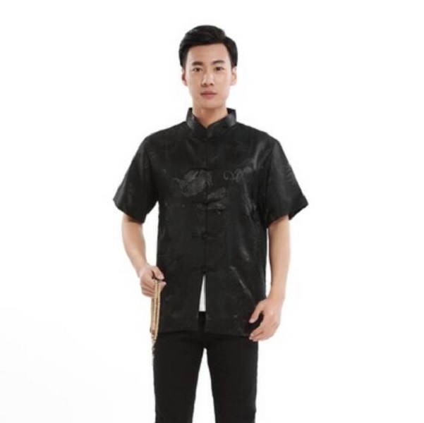 Hot Sale New Chinese Style Men High Quality Satin Short Sleeved Shirt Embroidered Dragon Tang Clothing Casual Kung Fu Tops Shirts