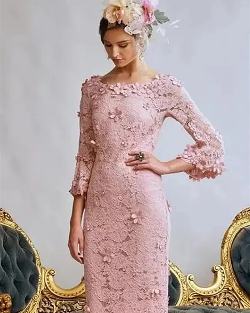 エレガントなシースレース3Dフローラルアップリケを添えた花嫁のドレスの母親2024春夏茶の長さピンクウェディングゲストドレスフォーマルな機会ドレス