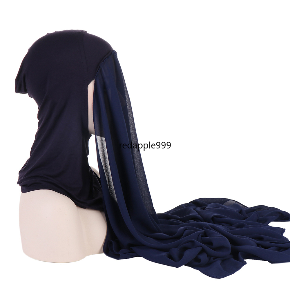 180X75 CM Instant Chiffon Hijab Moslim Innerlijke Hoofdband Vrouwen Cap Motorkap Lange Sjaal Met Jersey Underscarf Hals cover Headwrap Hoed