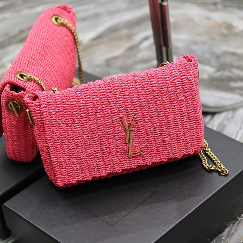 YLS Pembe Tasarımcı Çanta Straw Bag Zincir Omuz Torbası Rafya Dokuma Çanta Sl Kate Spad Cüzdan Tığ işi lüks çanta çapraz çanta alışveriş kılıfları kadın çantası plaj debriyajı